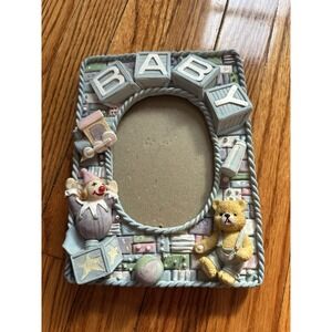 Cottagecore Vintage Baby Picture Frame with Teddy Bear, Ball, Blocks, And Train